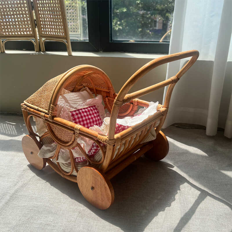 Rattan Plant Basket - Woven Rattan Baby Stroller Vintage Playing